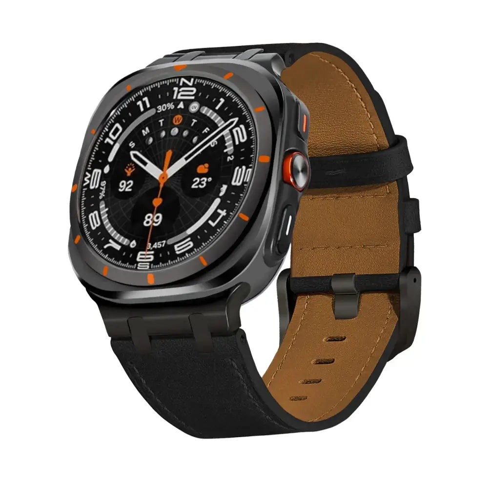 Black and orange smartwatch with matte case and tan premium crazy horse leather strap with silver buckle showing metrics