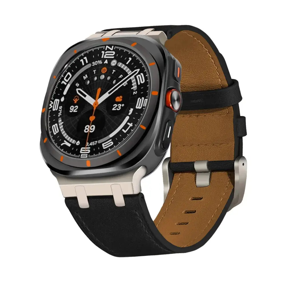 Black and orange smartwatch with premium crazy horse leather strap and silver buckle displaying time date and weather details