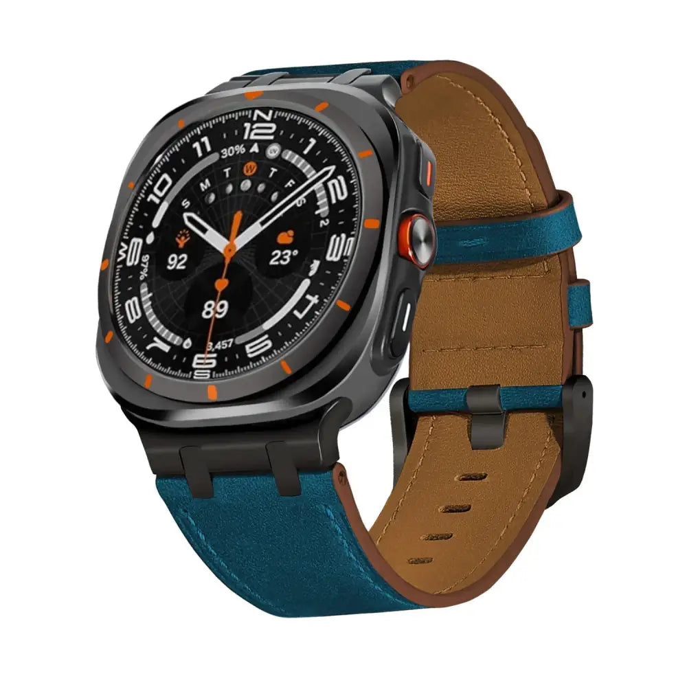 A sleek black smartwatch with a bold orange dial and premium crazy horse leather watch strap in teal blue and tan