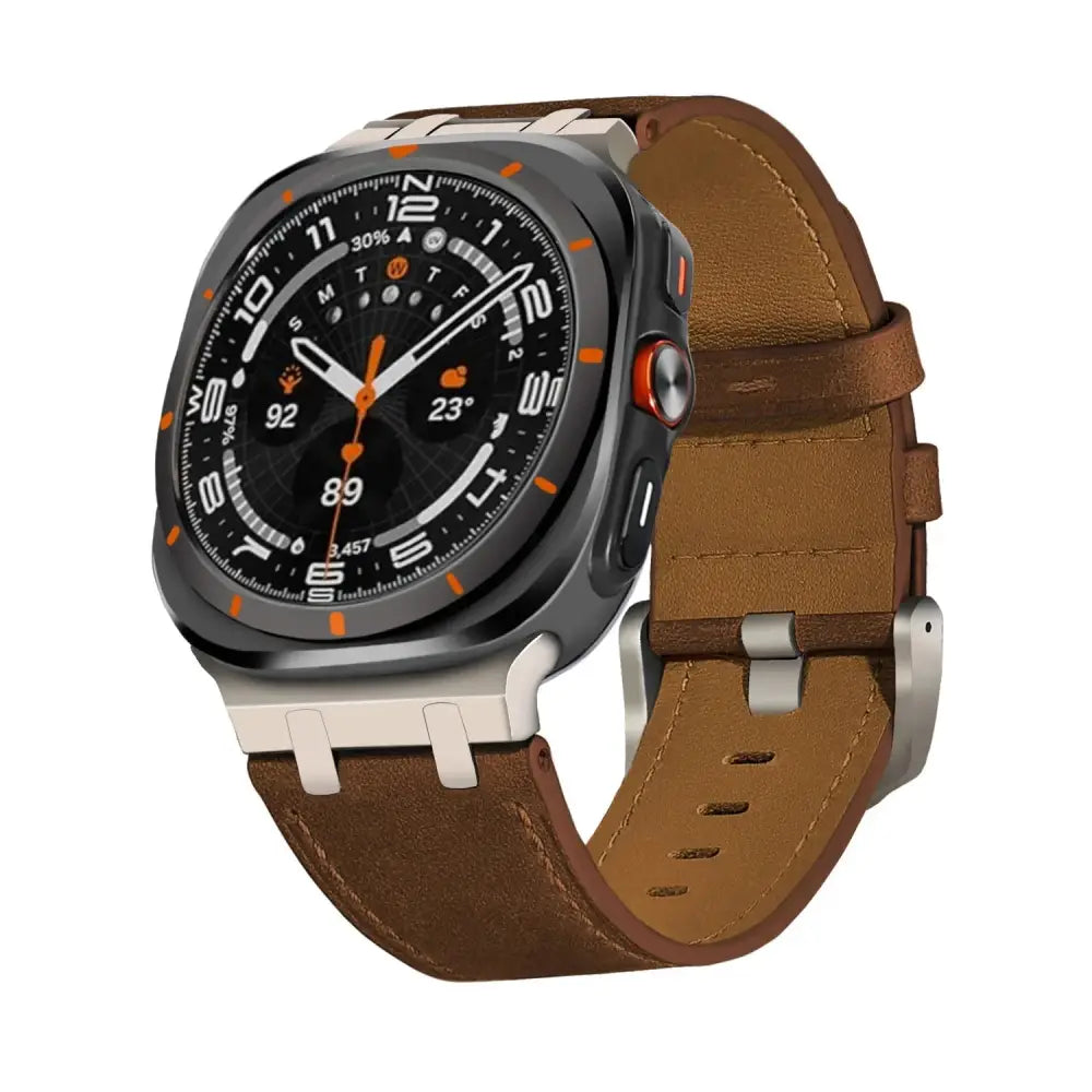 A sleek black and orange smartwatch with a premium crazy horse brown leather watch strap and silver buckle