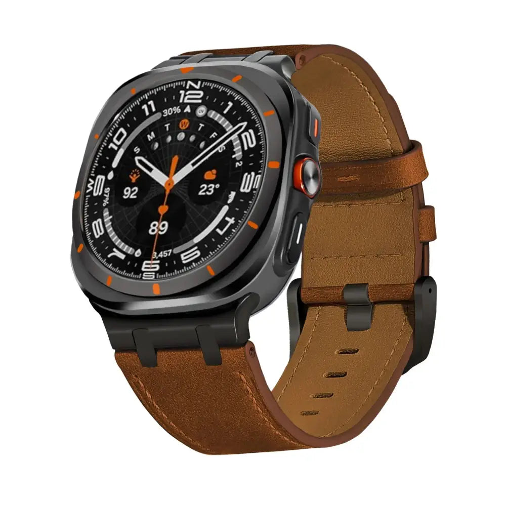 Black smartwatch with orange accents featuring a premium crazy horse leather watch strap with silver buckle