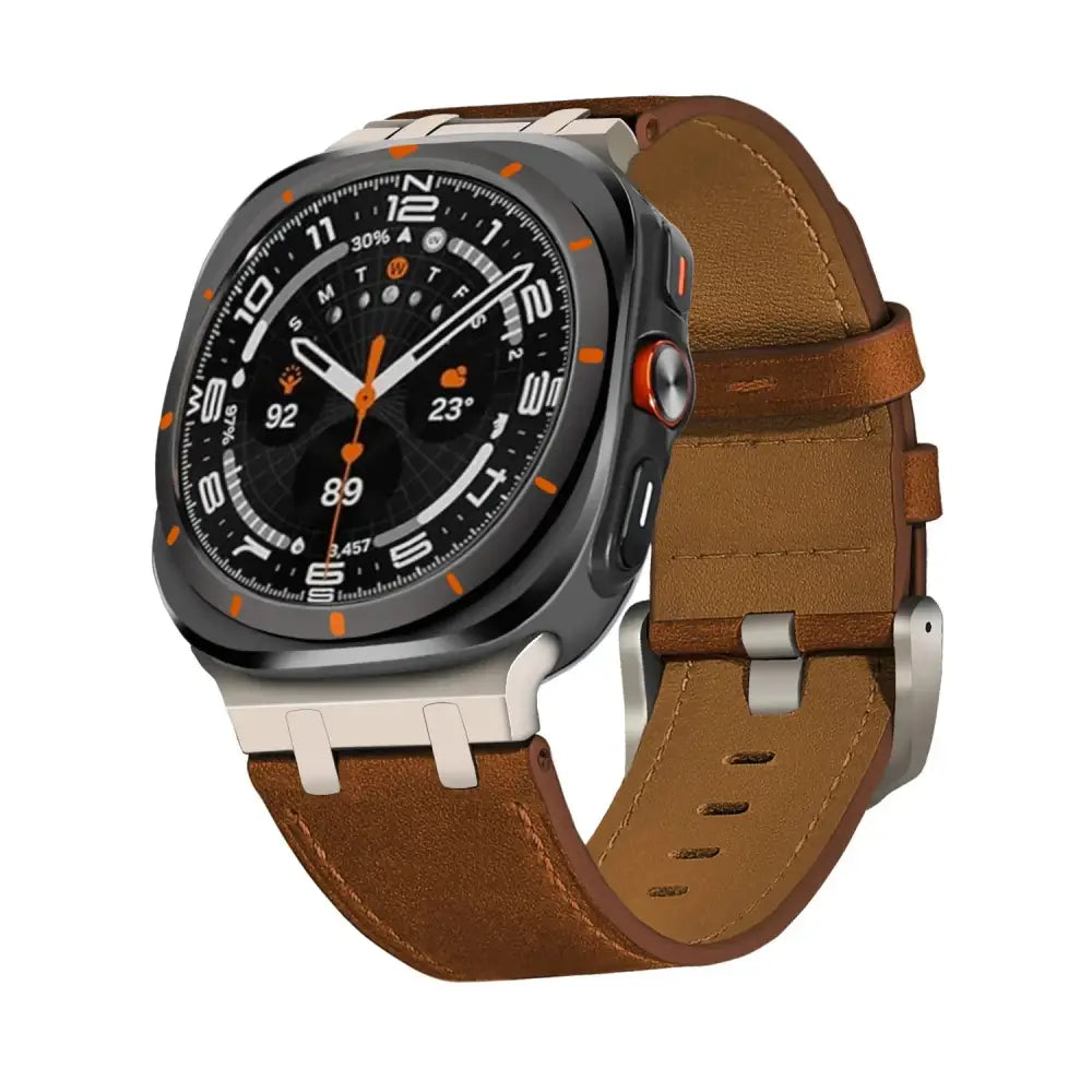 A sleek black and orange smartwatch featuring a premium crazy horse brown leather strap with a silver buckle