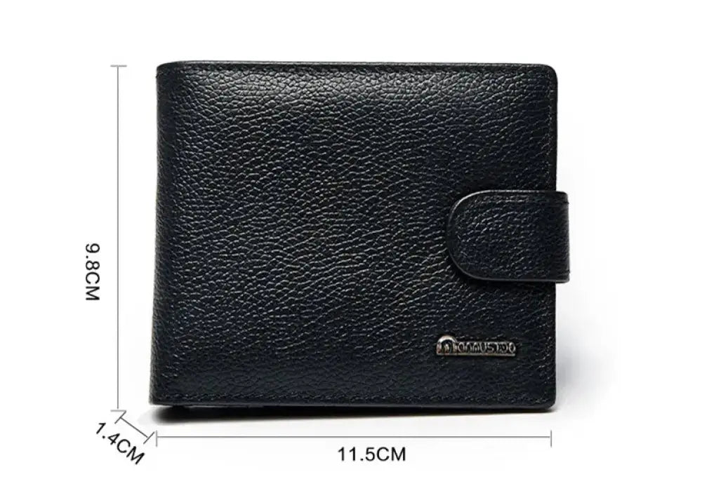 Black textured leather vintage crazy horse wallet with flap closure and metallic logo plaque