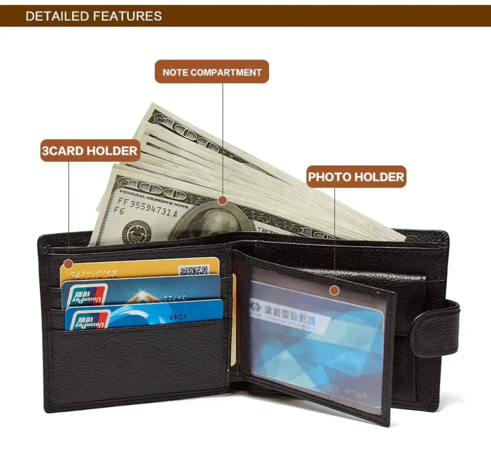 Black vintage crazy horse leather wallet with multiple card slots and a photo holder for organized storage