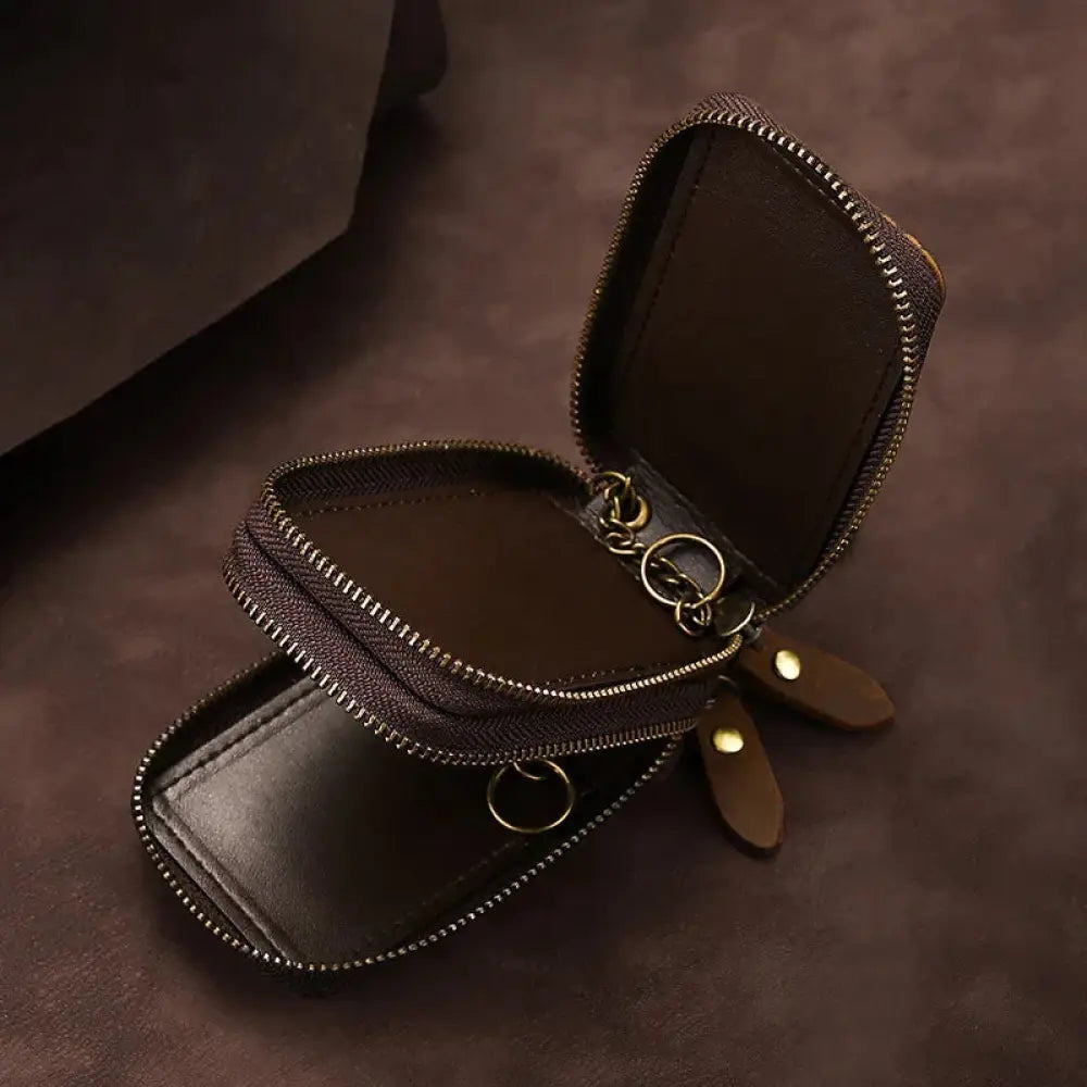 Dark brown premium crazy horse leather zip key case with dual zippers and brass clasp hardware