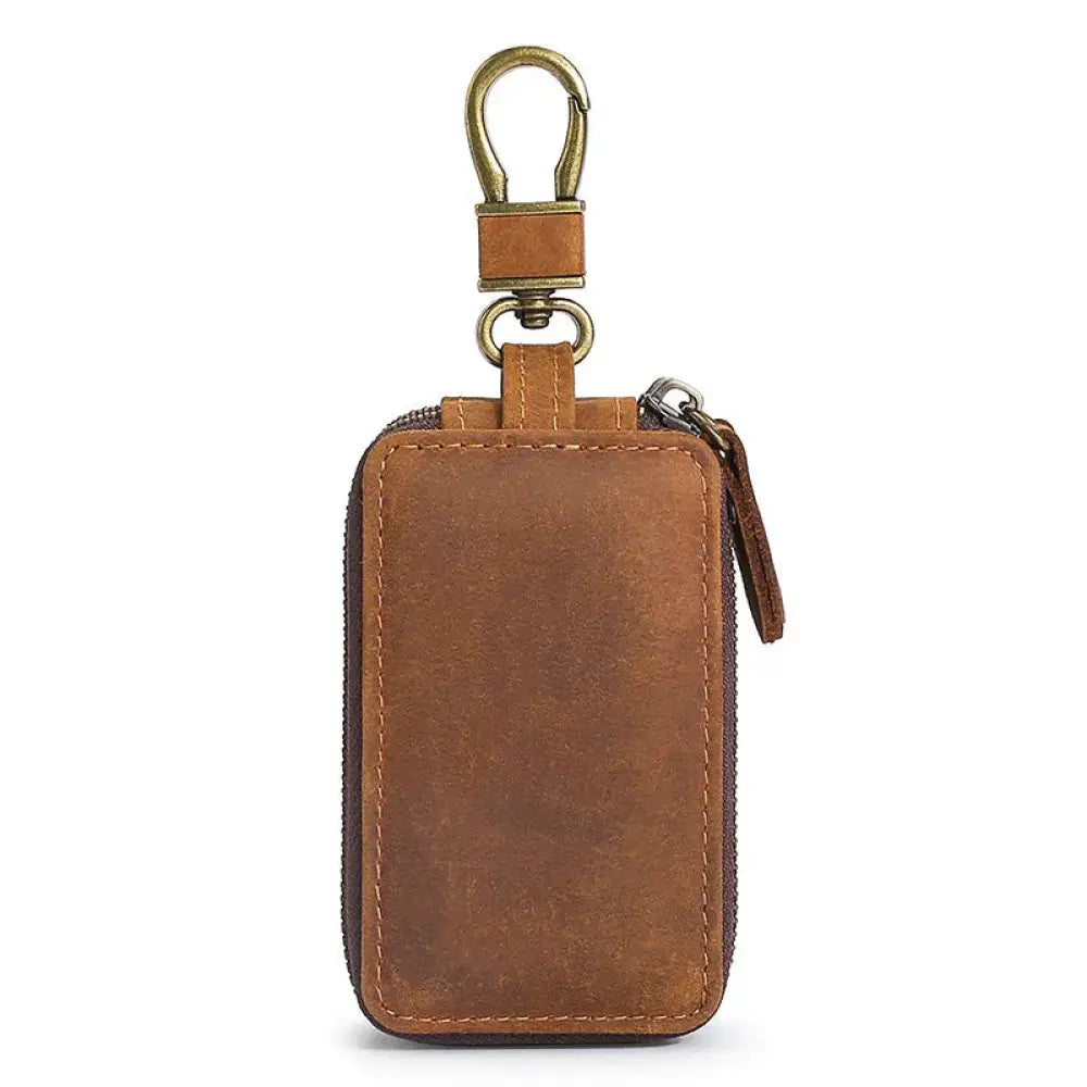 Premium crazy horse leather brown keycase with brass clasp metal clip and zipper for secure key storage