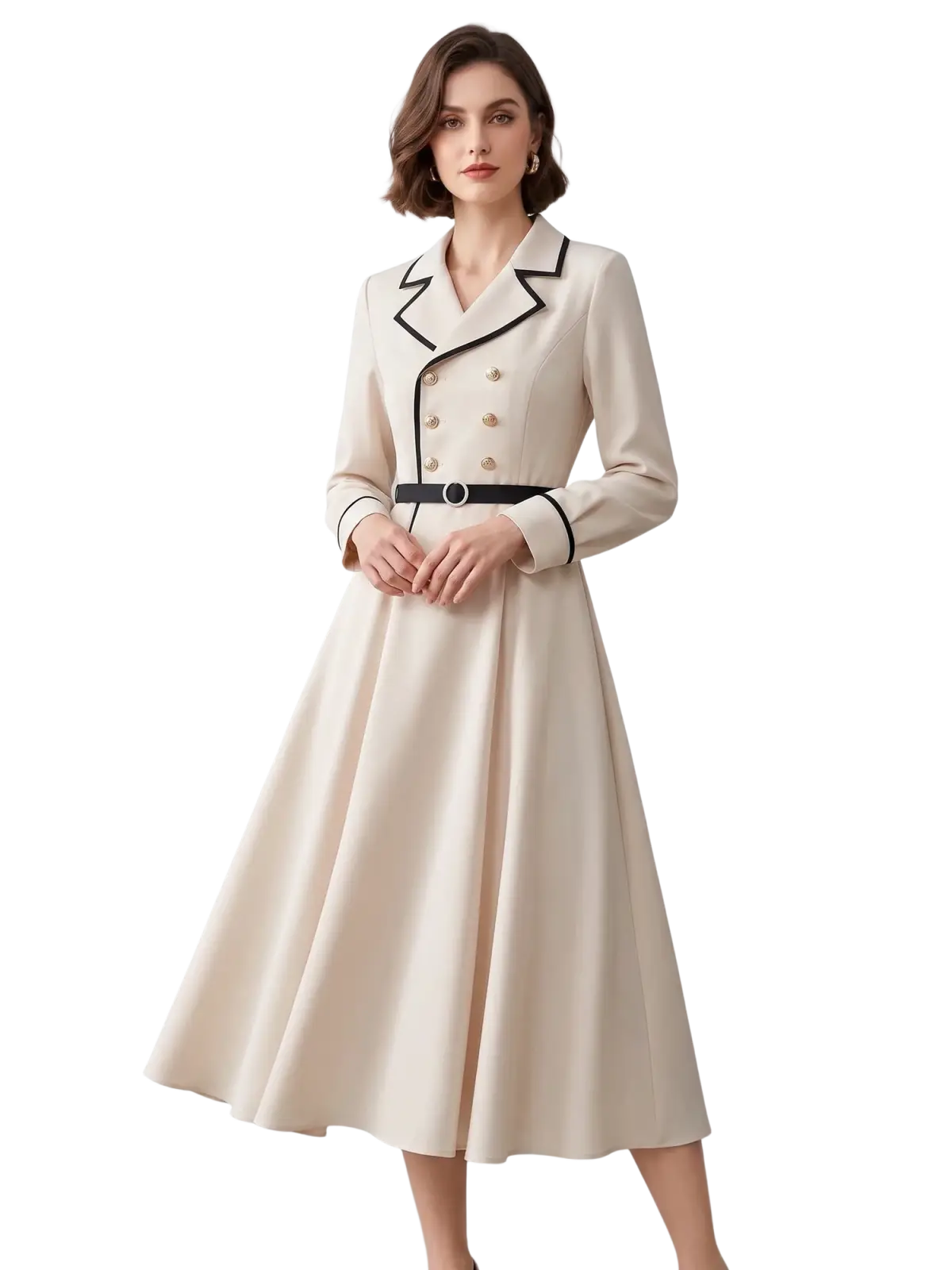 Beige double-breasted midi coat with black trim and gold buttons styled as cream blazer dress midi belted office wear