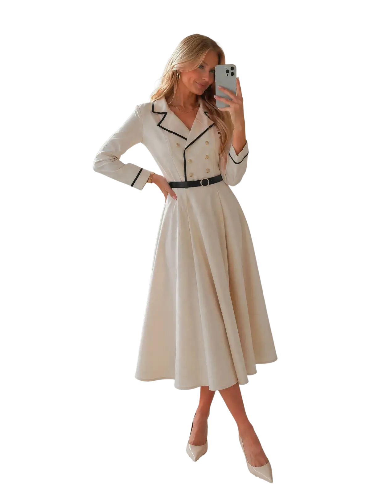 Cream blazer dress midi office wear in cream color with black trim and double-breasted button front detail