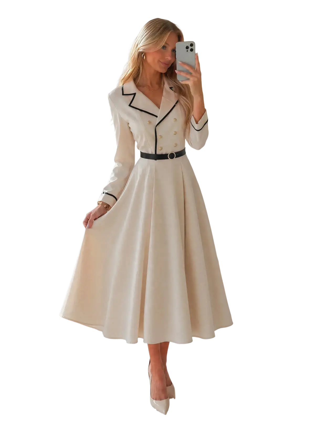 Cream blazer dress midi belted office wear in cream with black trim and gold buttons, suitable for professional settings