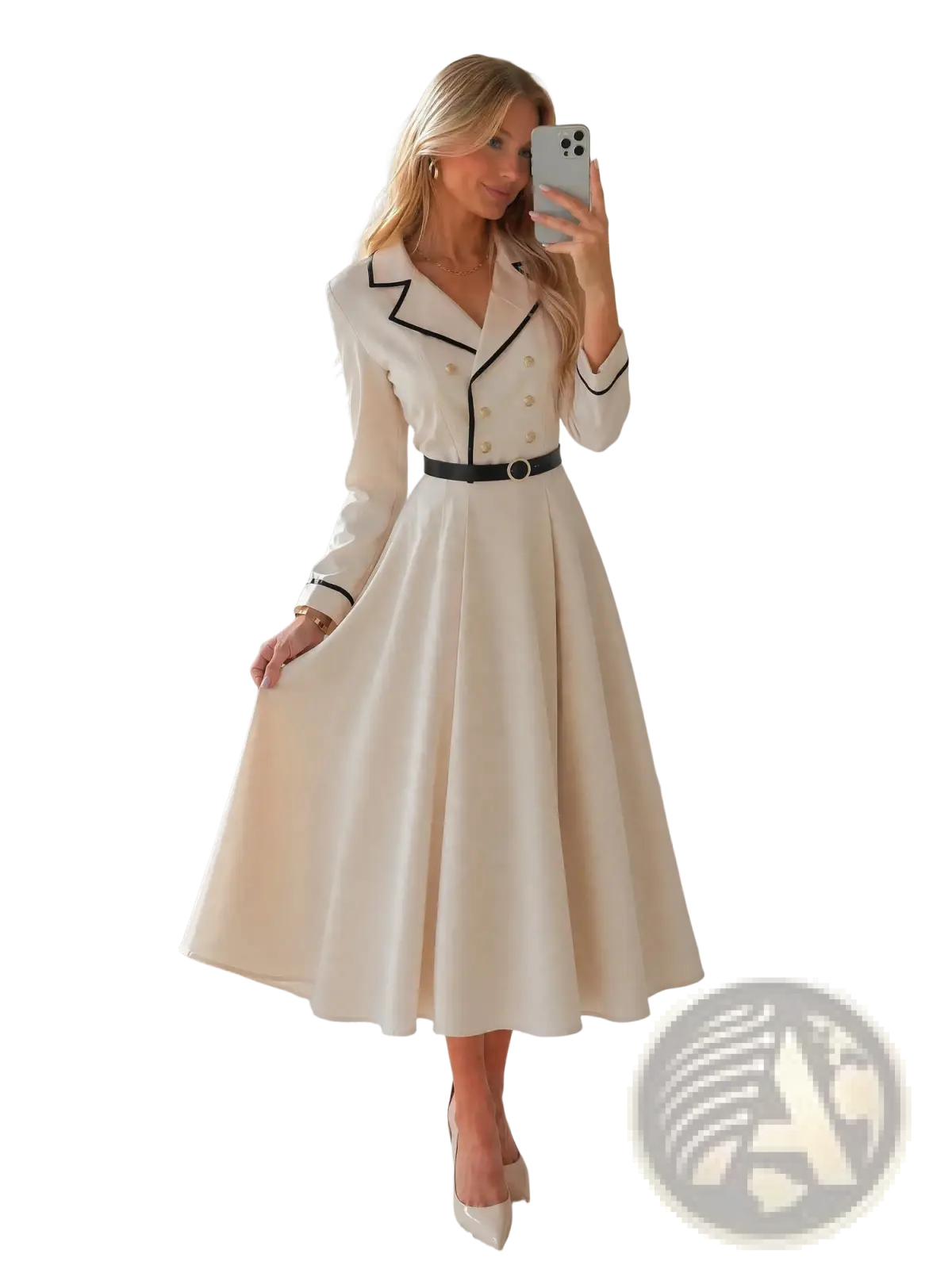 Cream blazer dress midi belted office wear in cream with black trim and gold buttons, suitable for professional settings