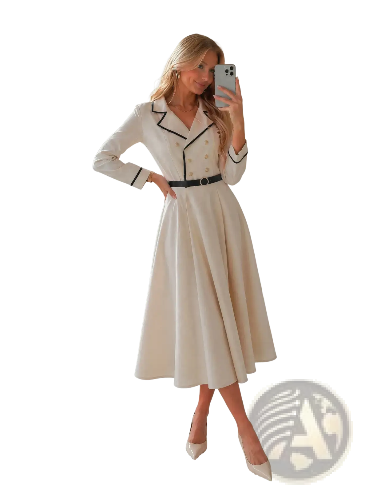 Cream blazer dress midi office wear in cream color with black trim and double-breasted button front detail