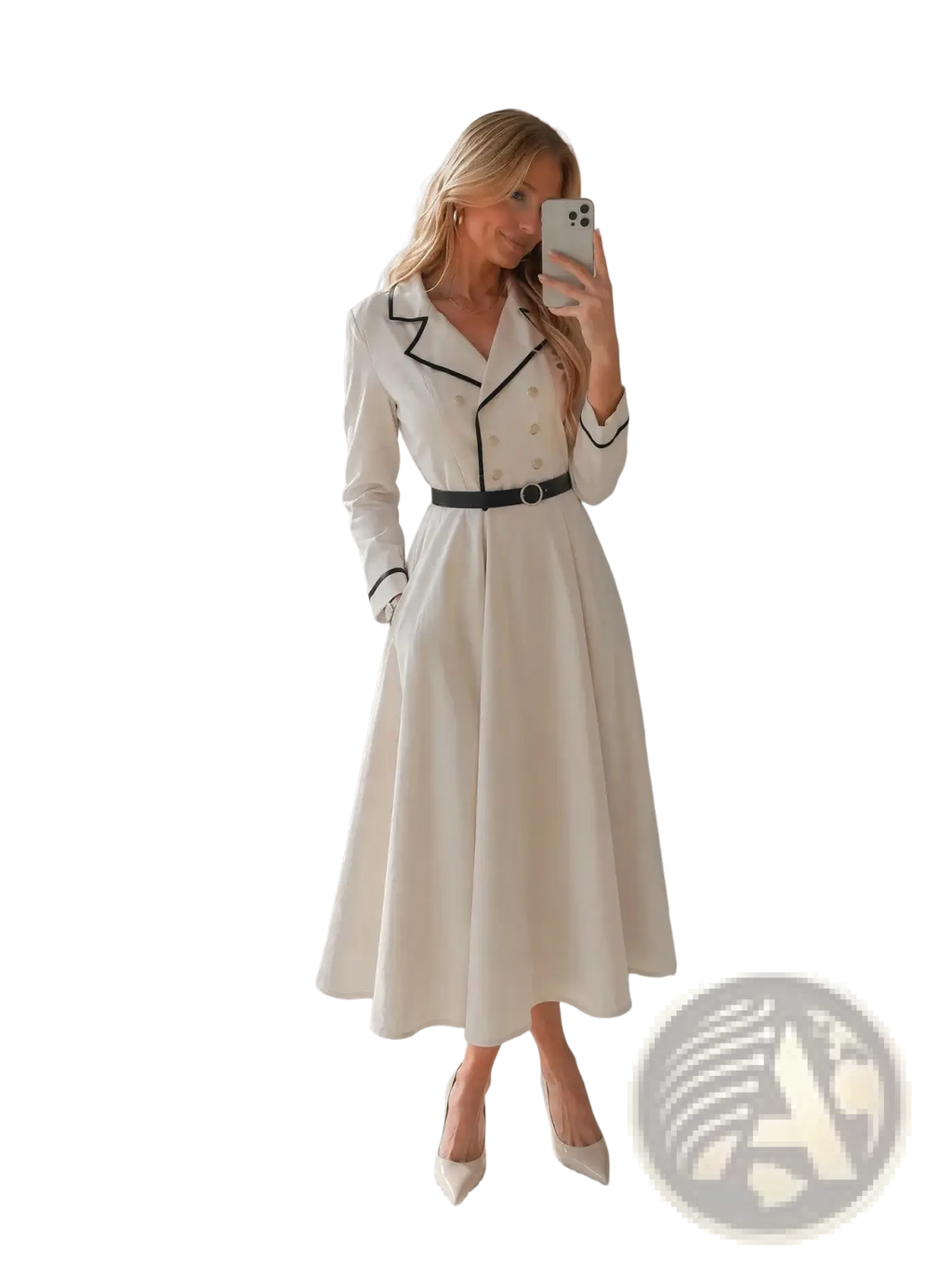 A cream blazer dress midi belted office wear featuring double-breasted design with black trim on collar and cuffs