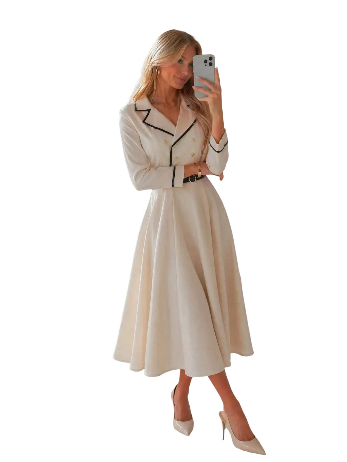 Cream blazer dress midi belted office wear in cream color with black trim long sleeves and collar detail