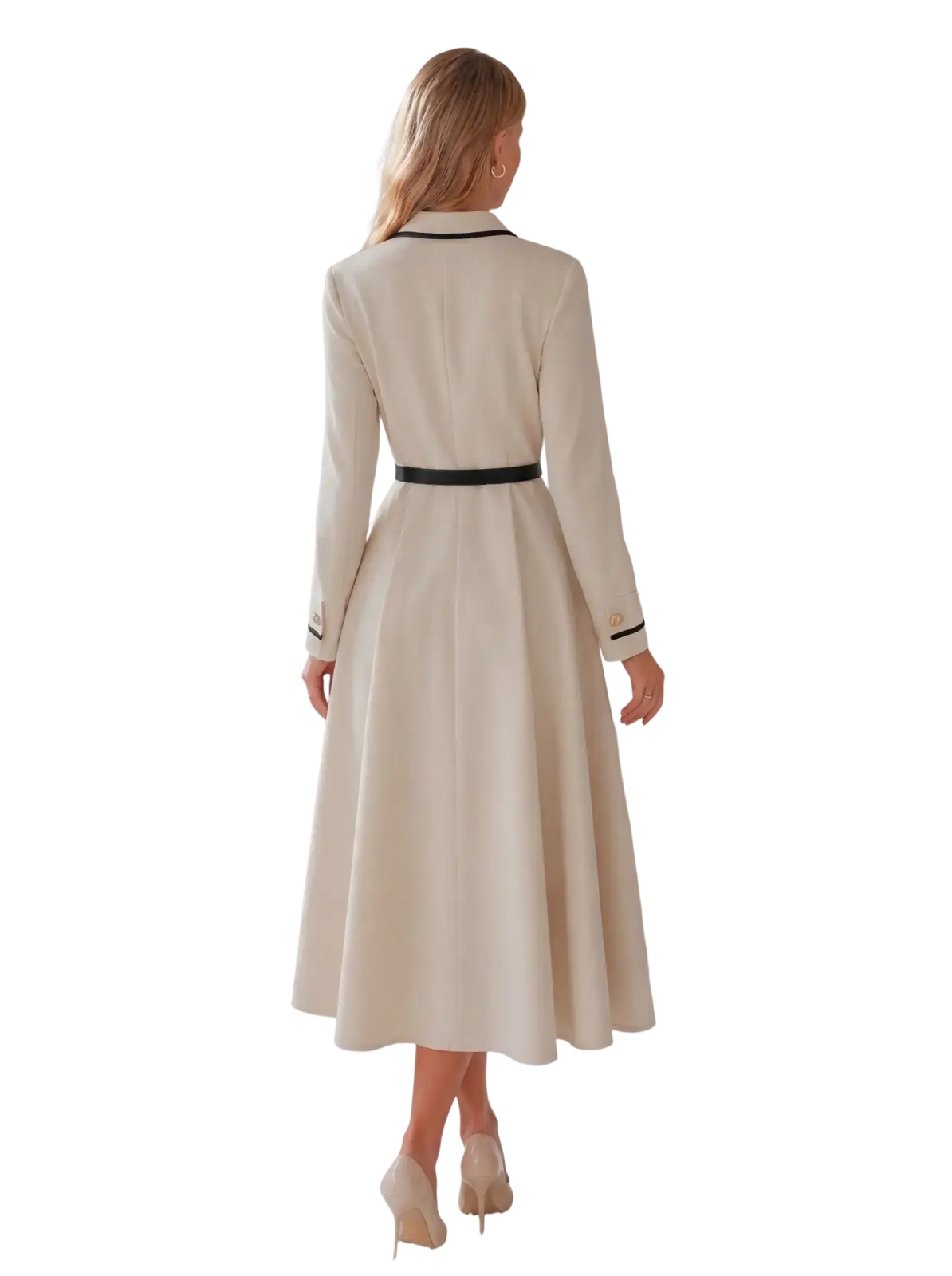 A cream blazer dress midi belted office wear with long sleeves and a black collar and belt