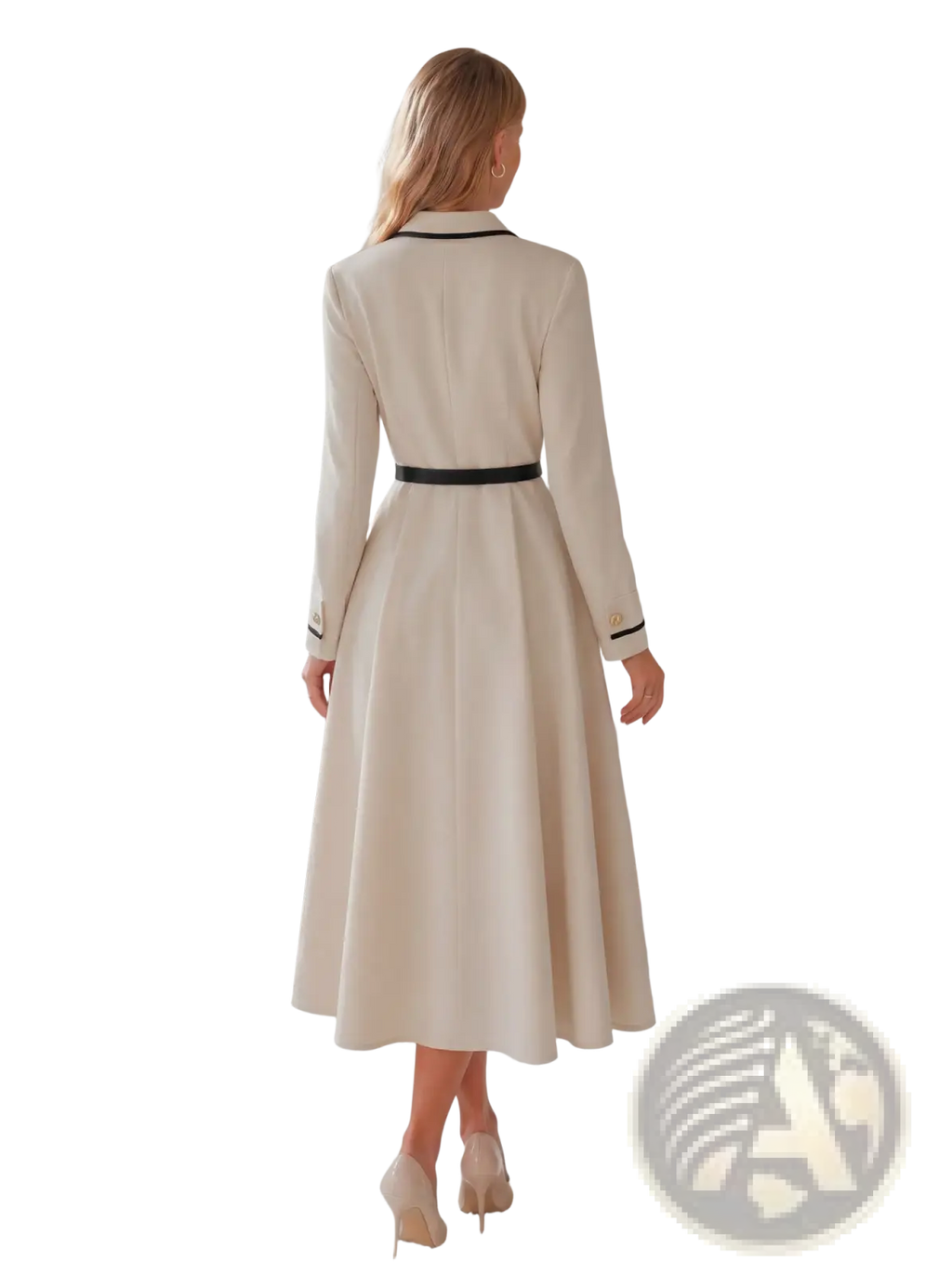 A cream blazer dress midi belted office wear with long sleeves and a black collar and belt