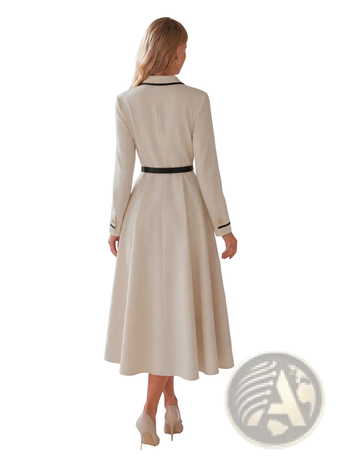A cream blazer dress midi belted office wear with long sleeves and a black collar and belt