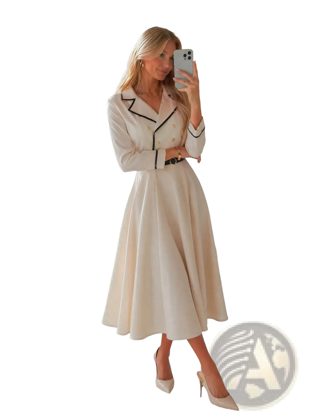 Cream blazer dress midi belted office wear in cream color with black trim long sleeves and collar detail