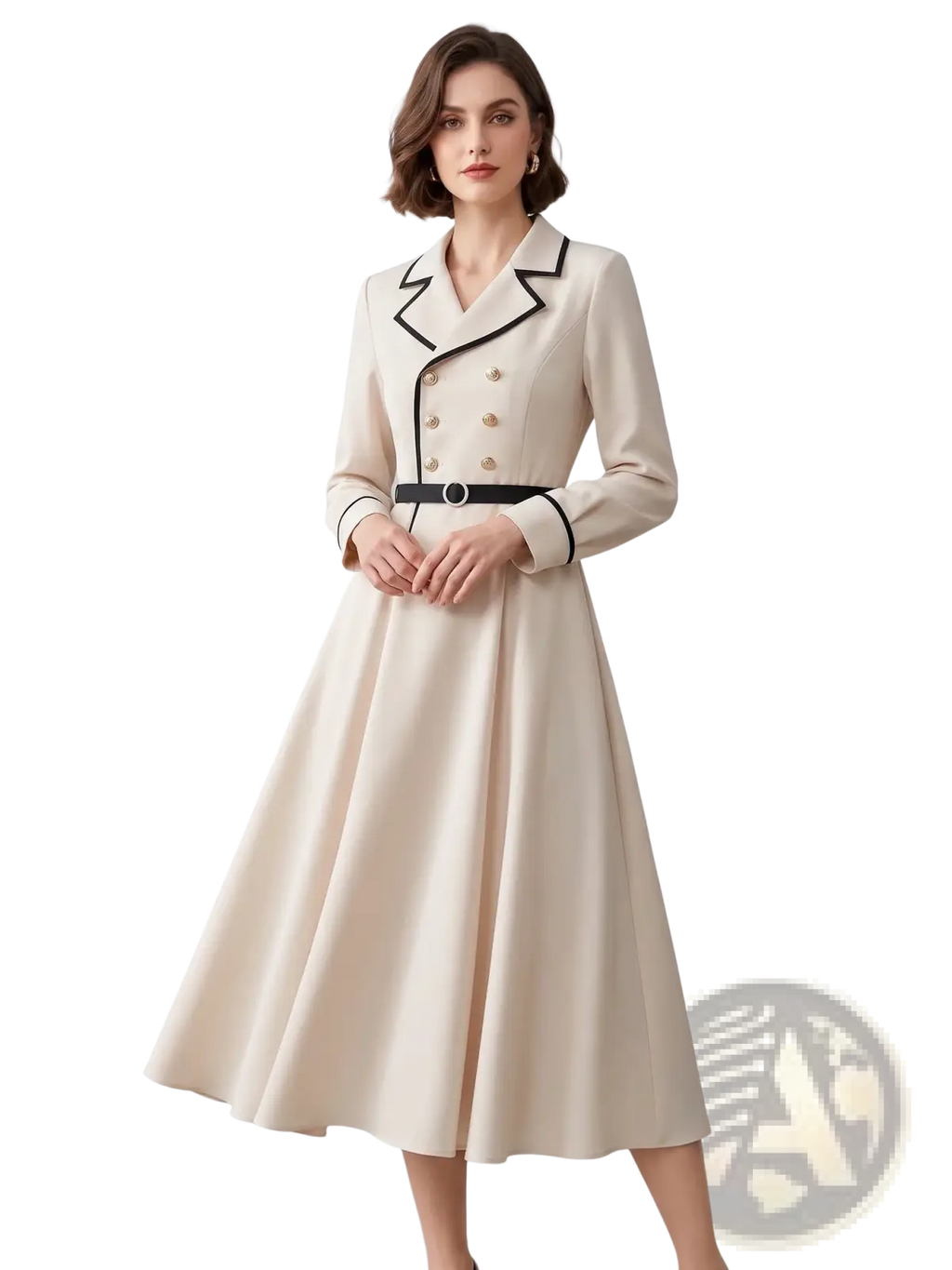 Beige double-breasted midi coat with black trim and gold buttons styled as cream blazer dress midi belted office wear