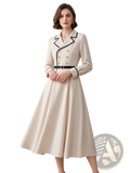 Beige double-breasted midi coat with black trim and gold buttons styled as cream blazer dress midi belted office wear