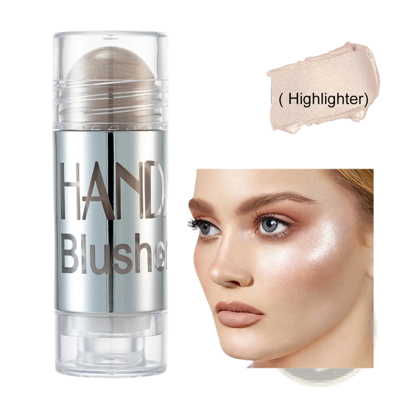 Silver cylindrical cream blush stick hand blusher with clear cap and base long lasting face highlighter
