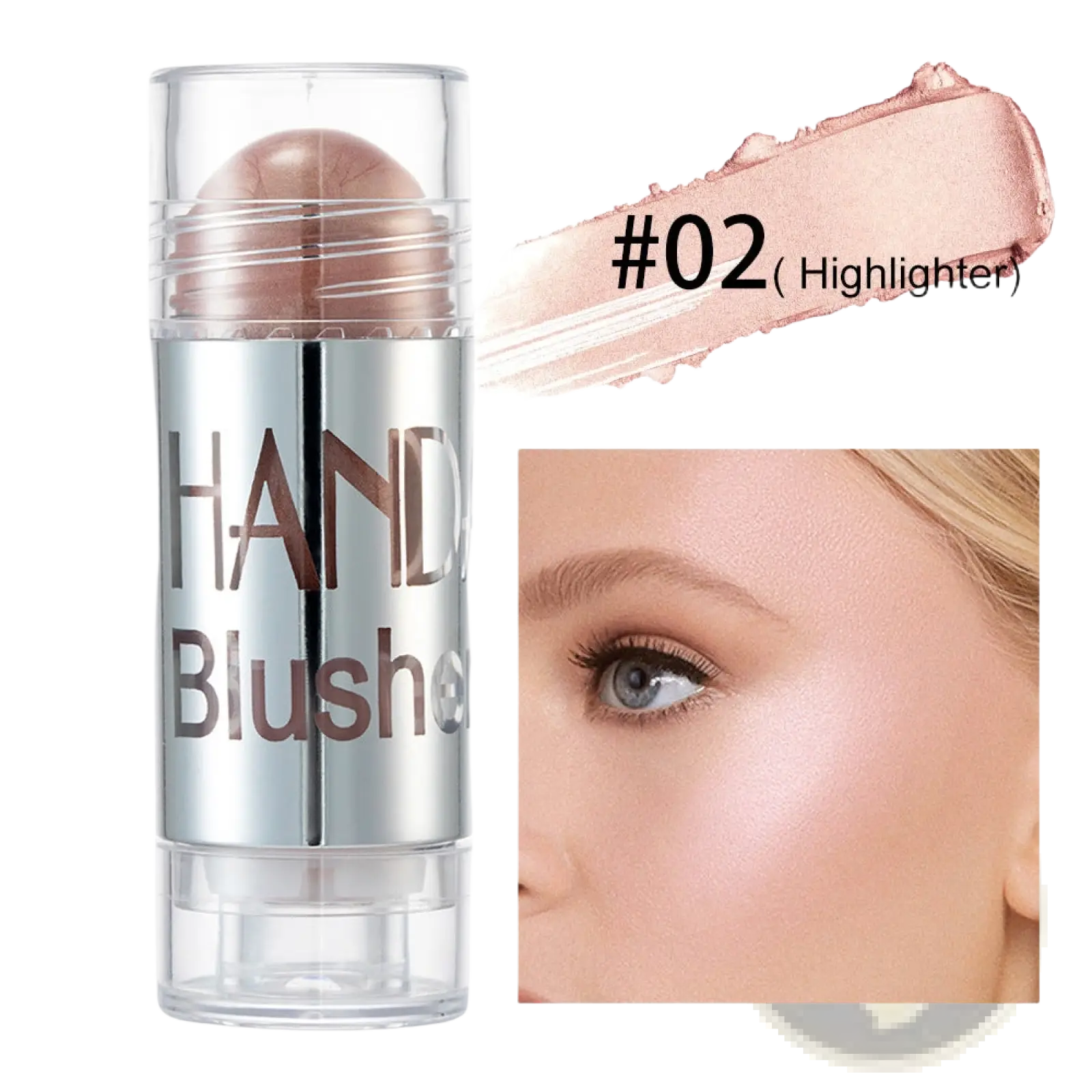 A sleek transparent container holds a rose gold shimmering cream blush stick long lasting face highlighter