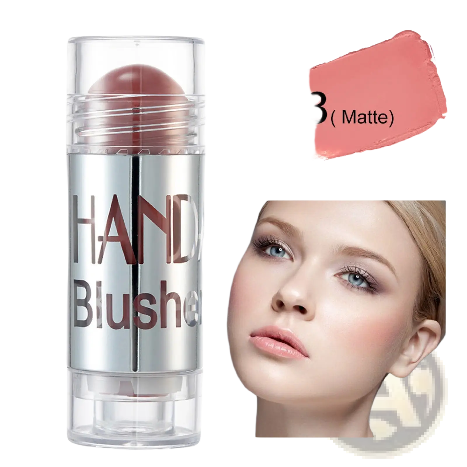 A sleek silver cylindrical cream blush stick hand blusher shade 03 matte long lasting face highlighter