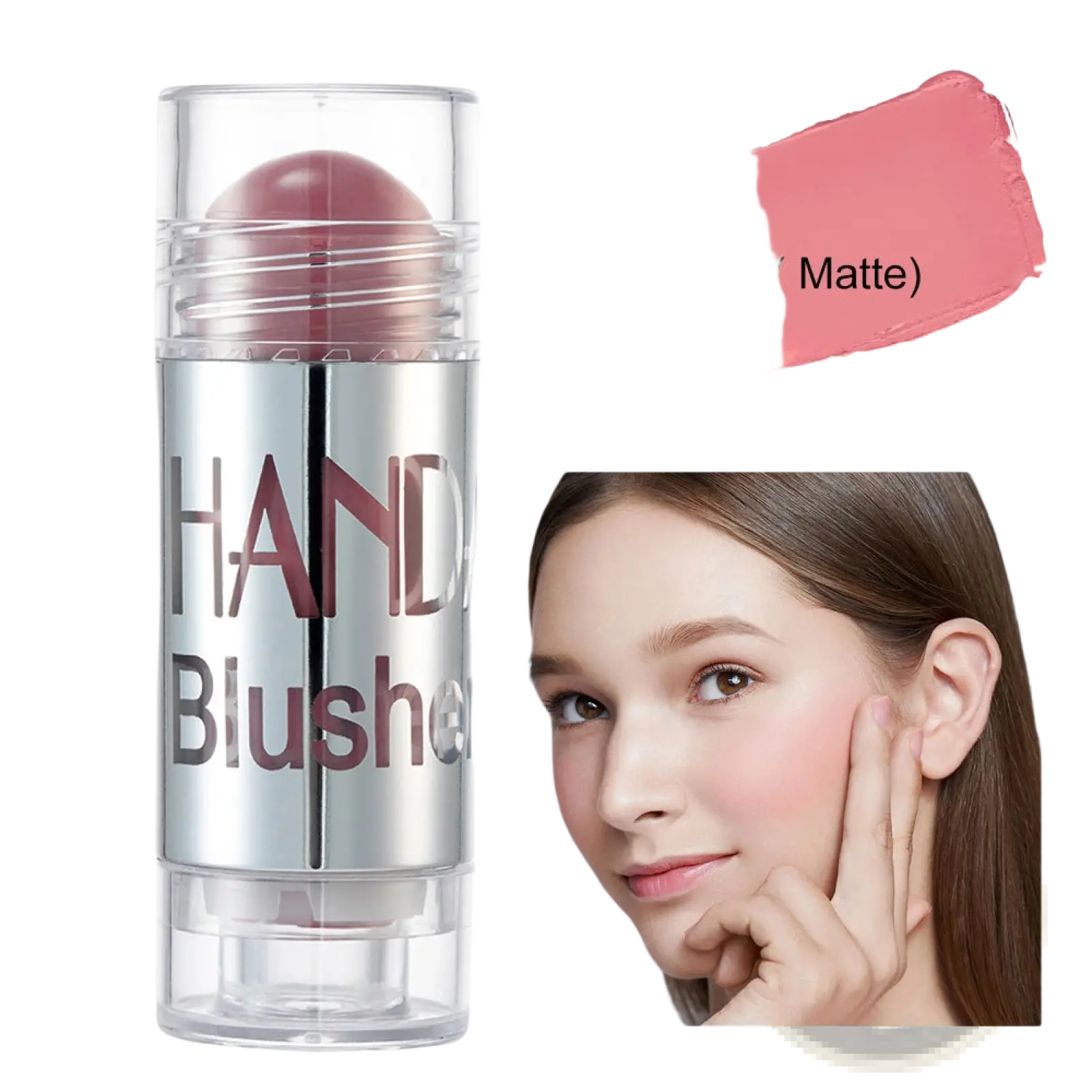 Matte pink cream blush stick in a clear silver tube labeled hand blush for long lasting face highlighting