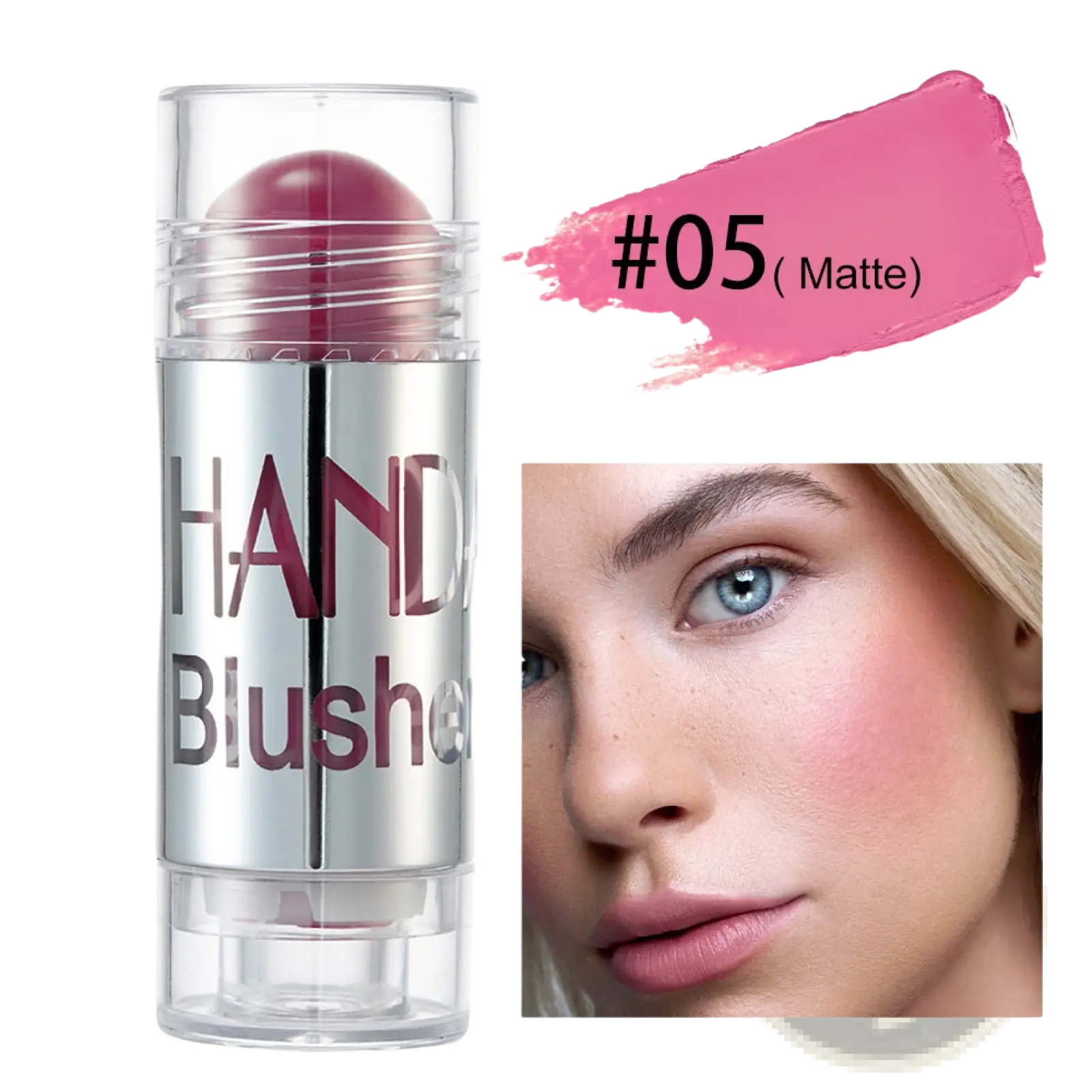 A sleek silver cylindrical cream blush stick long lasting face highlighter in matte pink shade 05 with clear cap