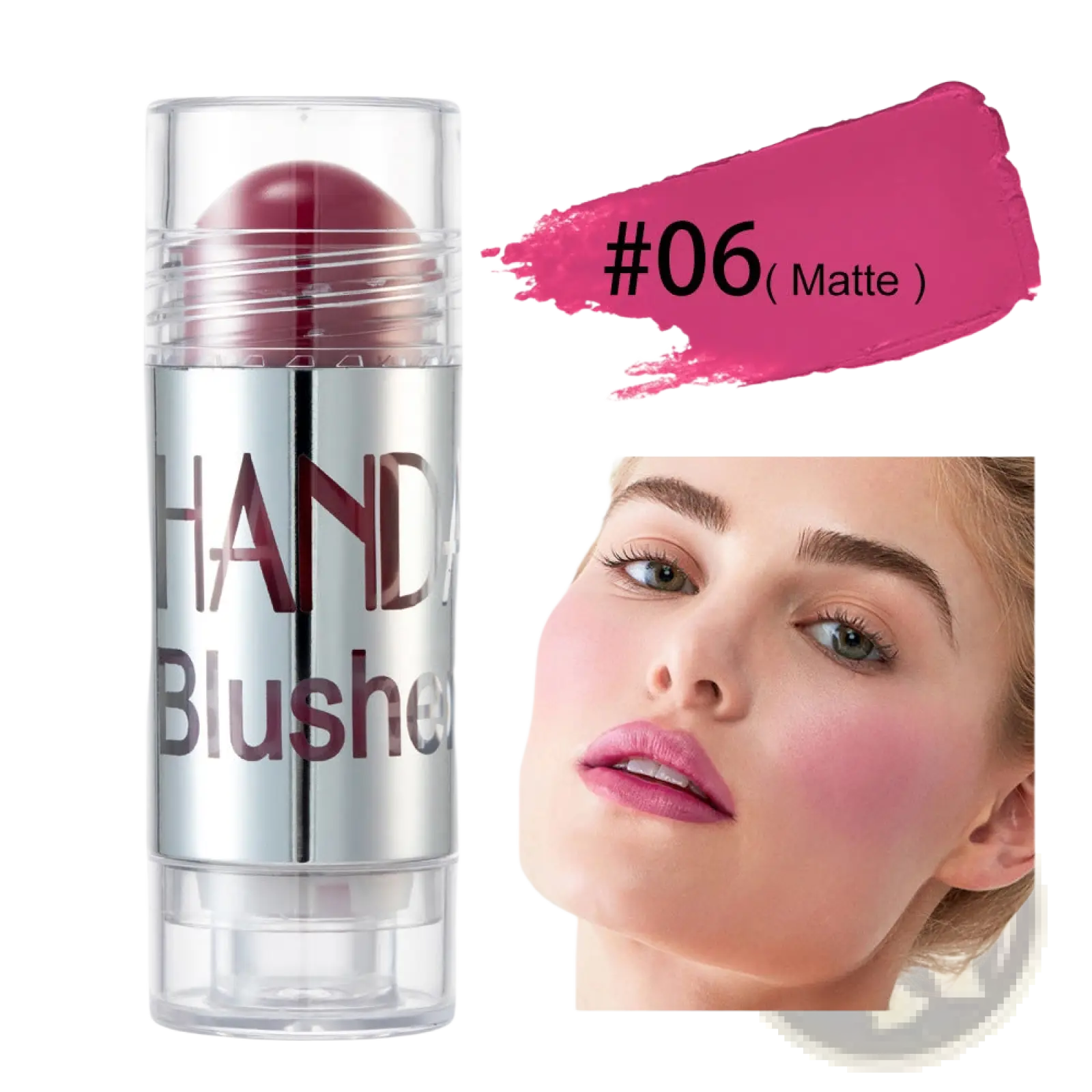 A sleek silver cylindrical cream blush stick with clear cap and hand blusher maroon logo for long lasting face highlighting