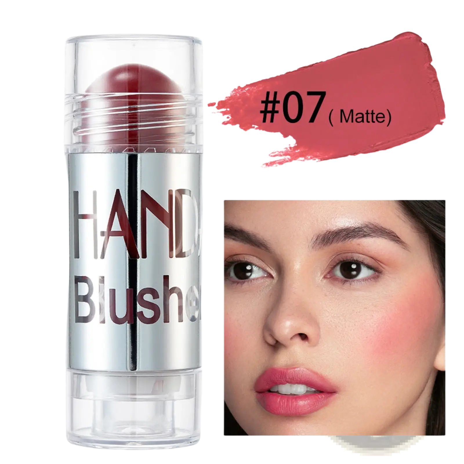 Matte cream blush stick long lasting face highlighter in shade 07 deep rose pink in a clear silver tube labeled hand blush