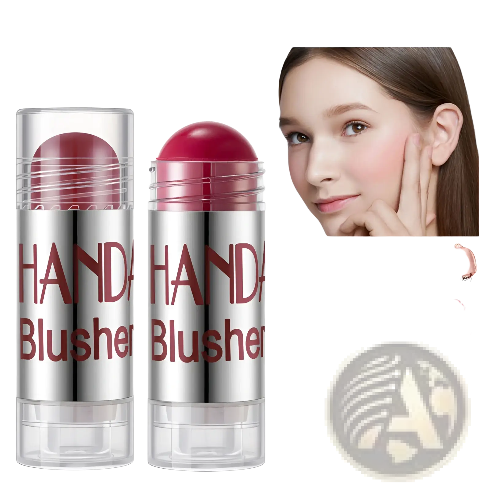 Silver tube cream blush stick with red blush and clear cap featuring handa blusher branding in maroon lettering