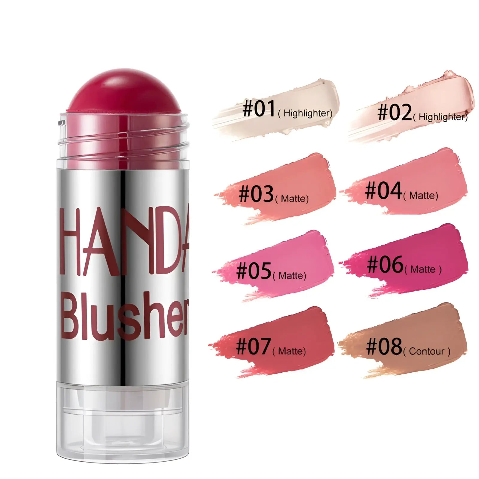 Cream blush stick long lasting face highlighter in silver tube with pinkish red cap and eight visible swatch shades