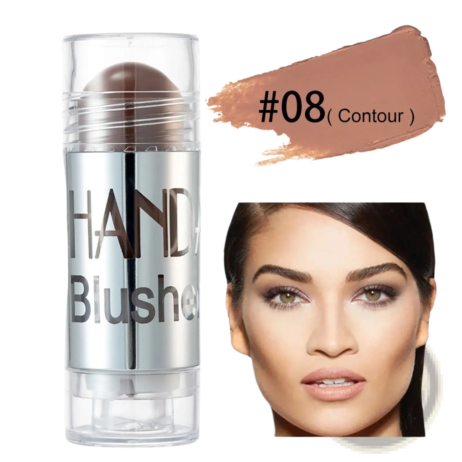 Cream blush stick in silver with clear cap and base in brown contour shade 08 long lasting face highlighter