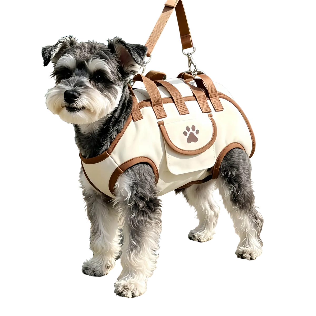 Cream dog carrier backpack medium size with cream color, brown leather straps, and paw print patch on front pocket