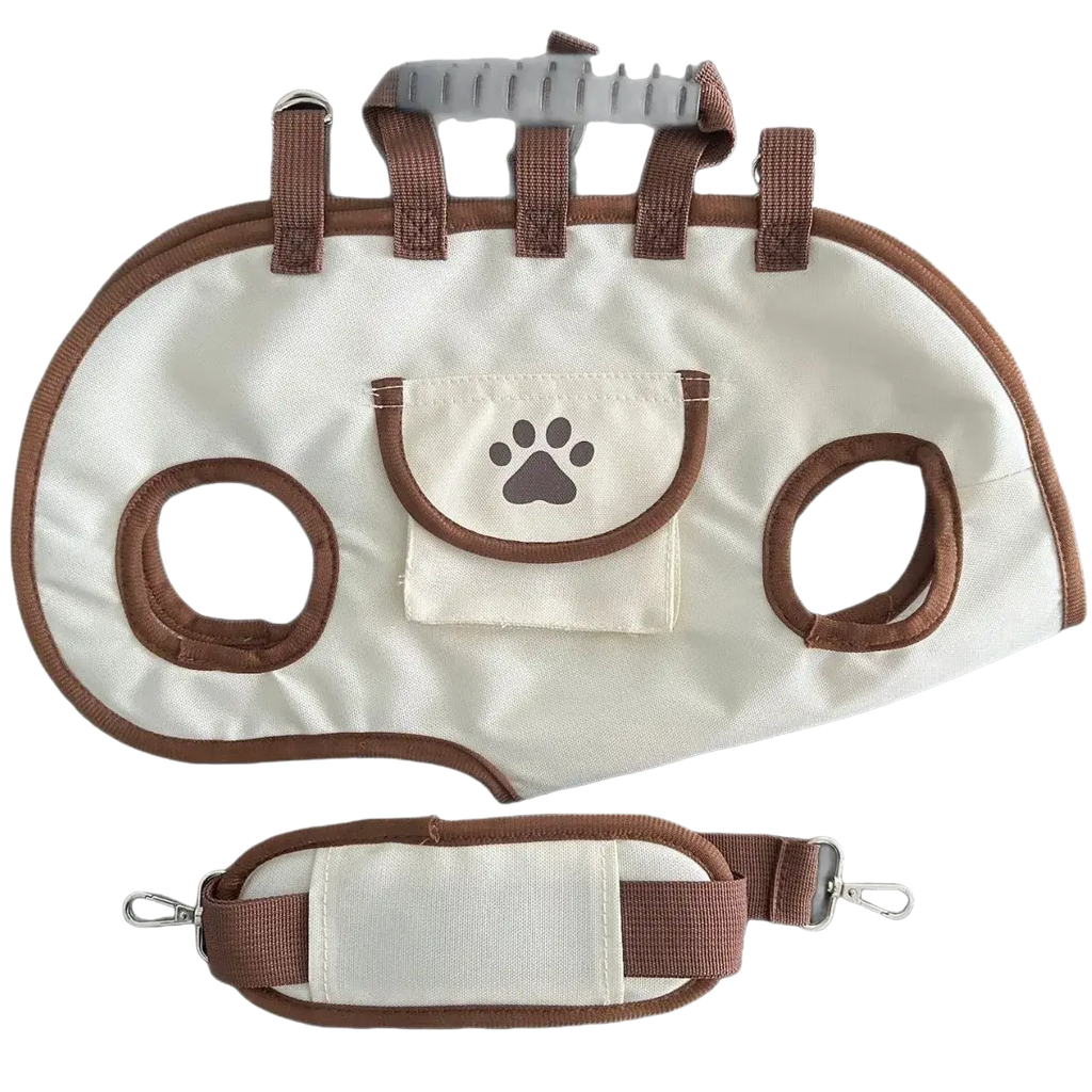 Cream dog carrier backpack medium size in cream with brown trim paw print patch adjustable straps and gray handle