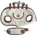 Cream dog carrier backpack medium size in cream with brown trim paw print patch adjustable straps and gray handle