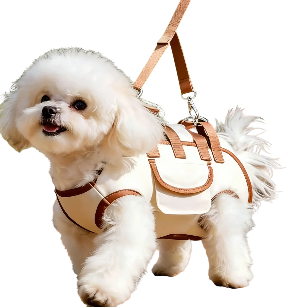 Cream dog carrier backpack medium size in white and tan with multifunctional four-legged design and adjustable straps