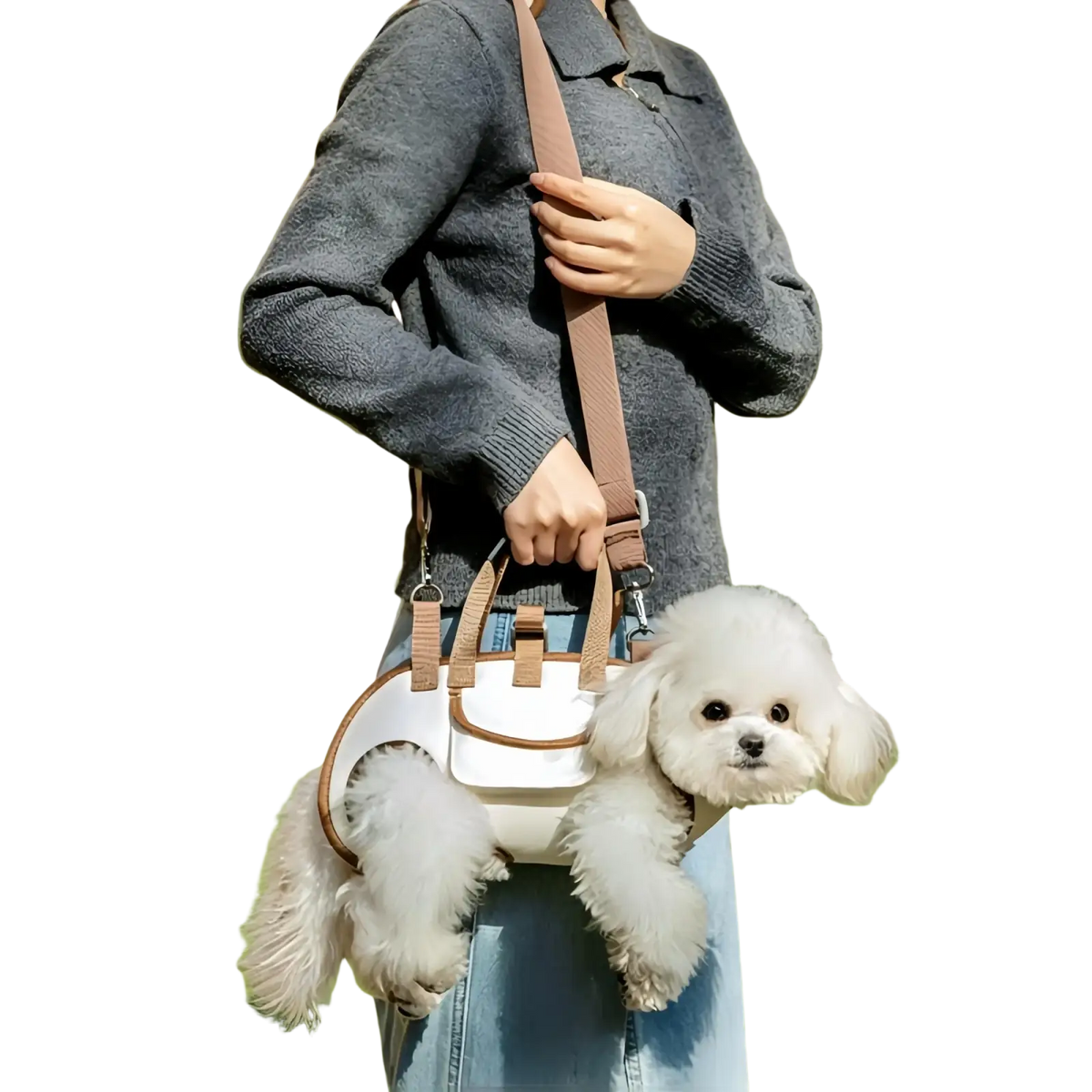 Cream dog carrier backpack medium size in white and tan with soft rounded design for carrying small dogs