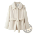 Cream faux fur slim fit belted coat for women with a plush collar and matching waist belt in a soft cream color