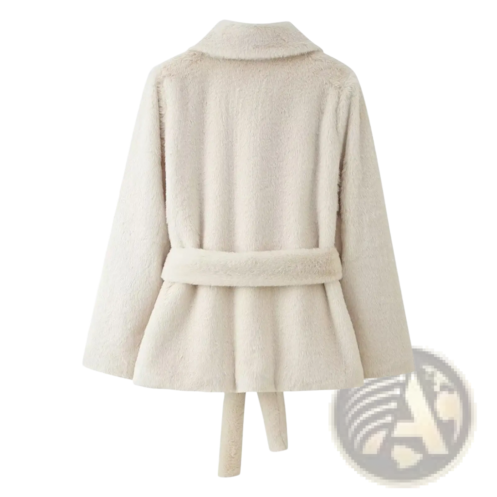 Cream faux fur belted coat slim fit women with matching belt and flared hem in a soft cream color