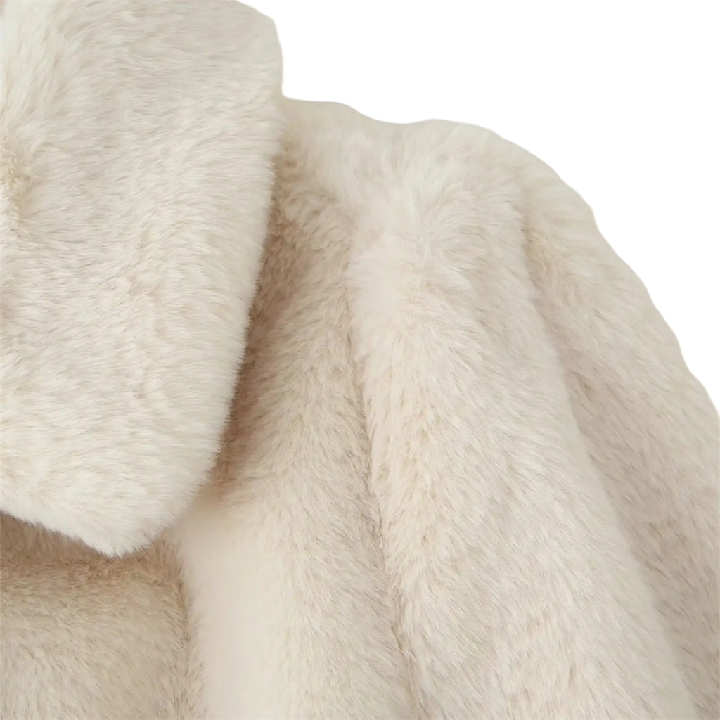 Cream faux fur belted coat slim fit women featuring cream-colored plush faux fur fabric with soft uneven pile texture