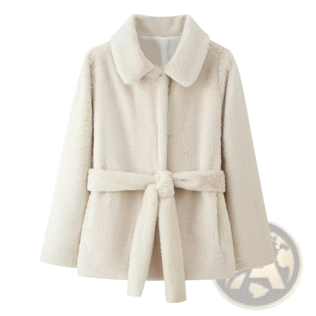 Cream faux fur belted coat for women with a slim fit, plush collar, and matching waist tie in a cream color