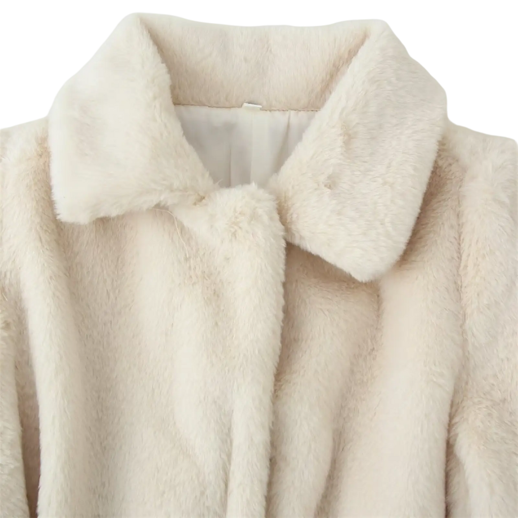 Cream faux fur belted coat for women in slim fit with plush soft texture and wide collar