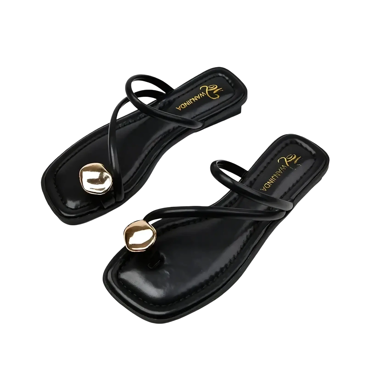 Black glossy flip-flops with gold-tone circular embellishments on the toe strap in cream flat sandals style