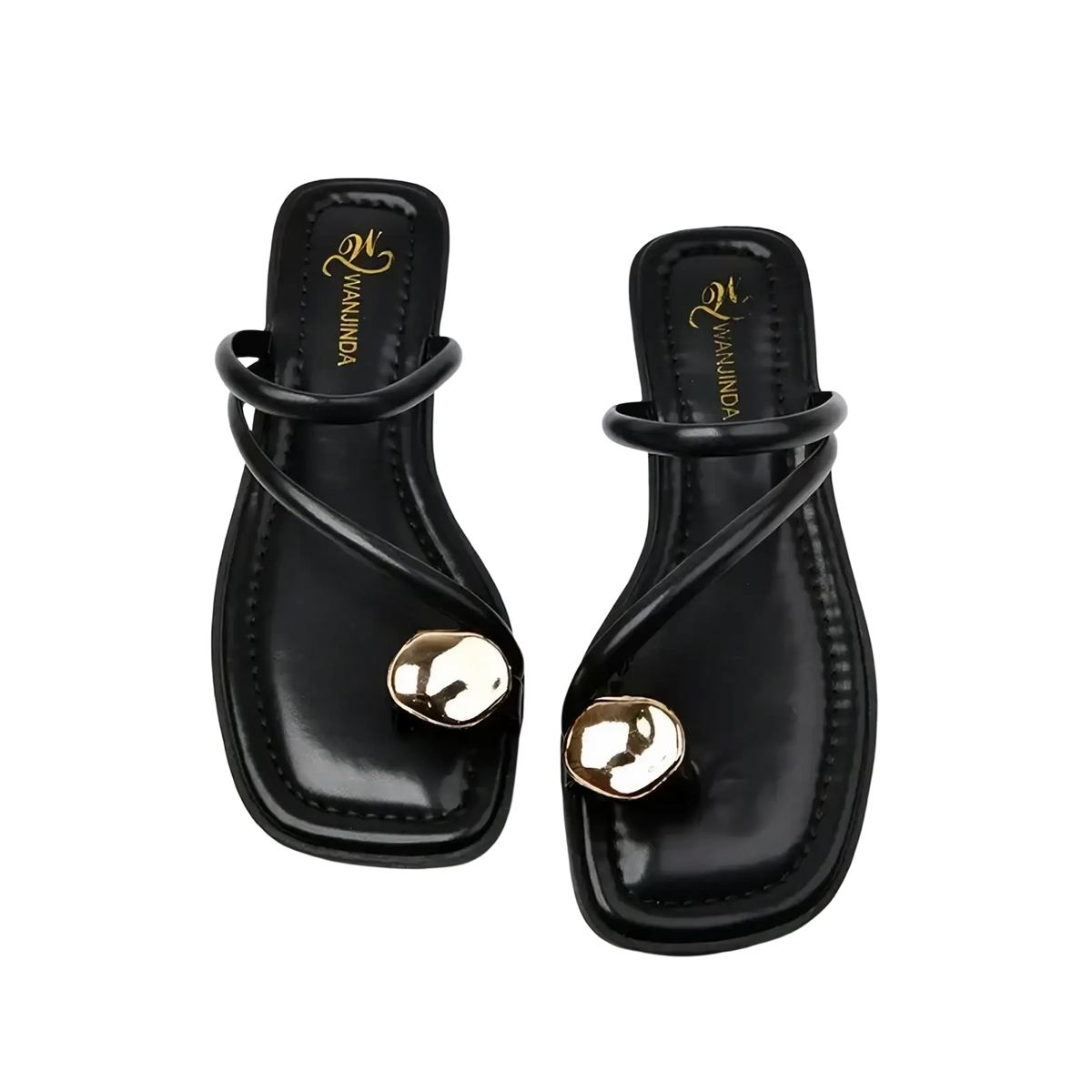 Black wananida flip-flops with glossy finish and gold-tone round embellishments on the toe strap cream flat sandals