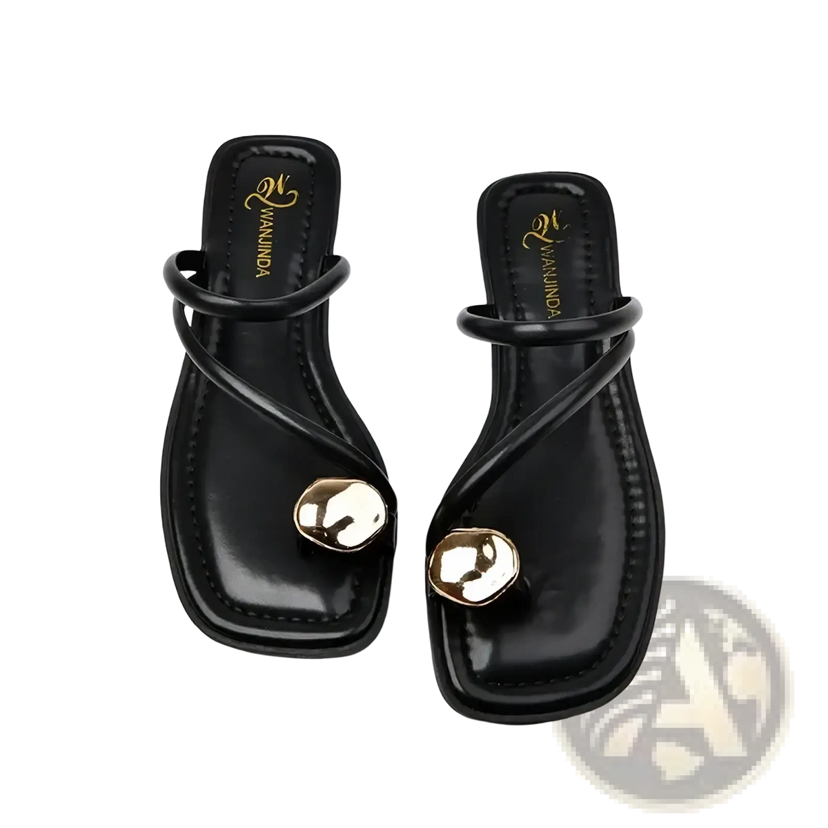 Black wananida flip-flops with glossy finish and gold-tone round embellishments on the toe strap cream flat sandals