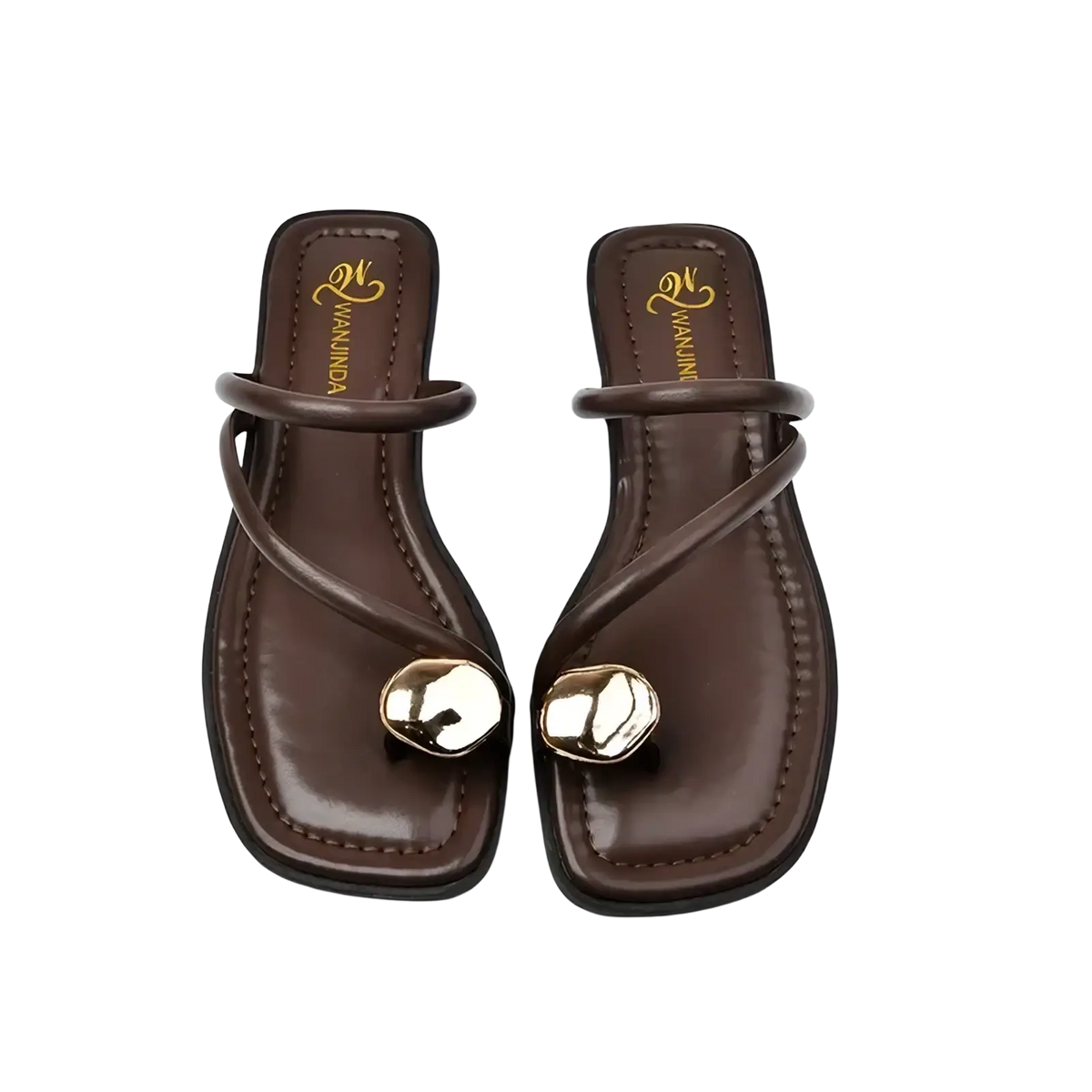 Brown leather thong sandals with cream flat soles and gold-tone metallic toe posts in a minimalist design