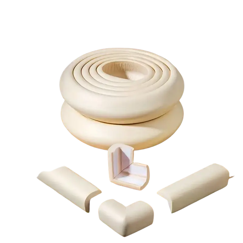 Cream foam table corner protector guard with soft foam l-shaped pieces and coiled roll for furniture edge safety