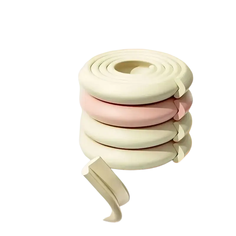 Stack of cream foam table corner protector guards made of soft flexible silicone in pastel cream and pink hues