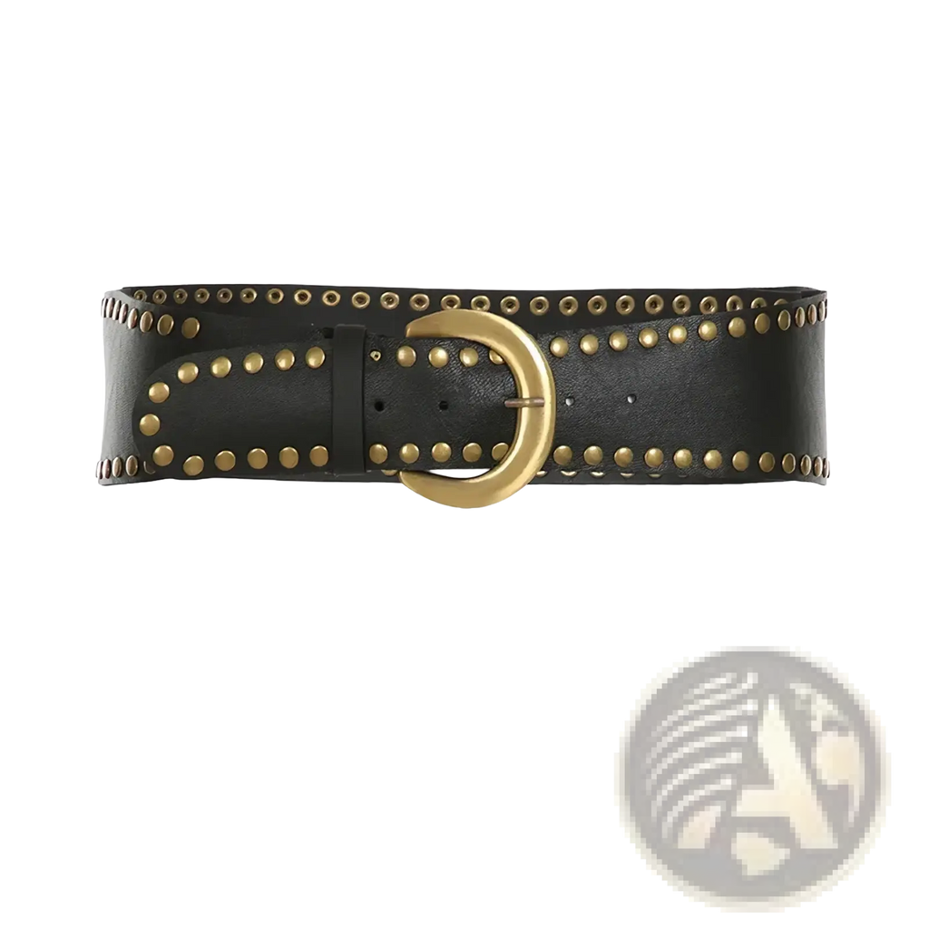 Black leather belt with gold-tone studs and matching buckle paired with cream lace asymmetric ruffle skirt